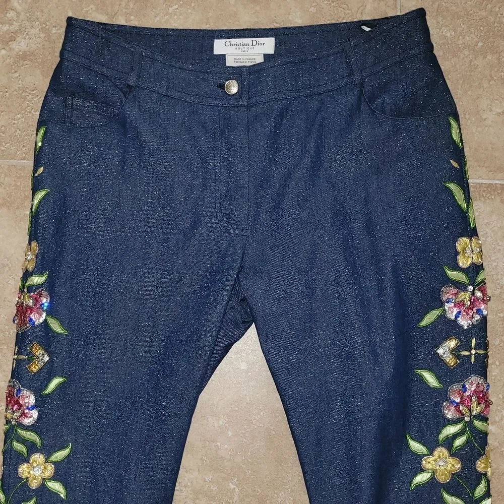 2002 Christian Dior VTG Blue Metallic Denim Pants w/Floral Embellishments - sz 8 - Picture 4 of 14